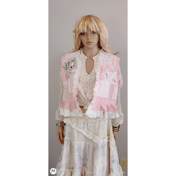 Boho Chic Vest, Pink Custom Shabby Chic with Lace, patches, roses Boho Top - Picture 1 of 10